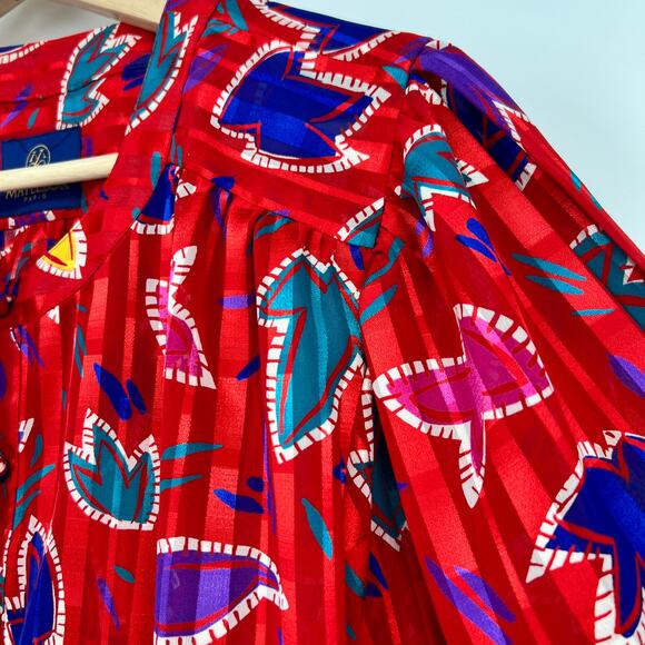 Vintage Mayeelok Paris Skirt Blouse Set Womens M Red Colorful Pleated Midi Satin - Picture 10 of 11